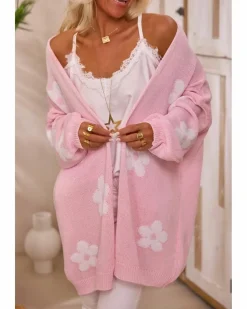 Cardigans*Azura Exchange Floral Print Knitted Open Front Loose Cardigan Pink