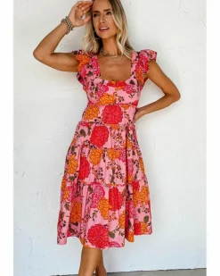 Midi Dresses*Azura Exchange Floral Square Neck Ruffled Flutter Sleeve Tiered Midi Dress Pink