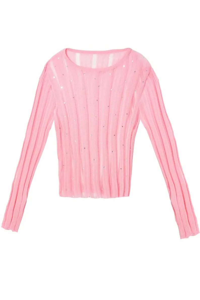 Jumpers*Quiz Knitted Diamante Jumper Pink
