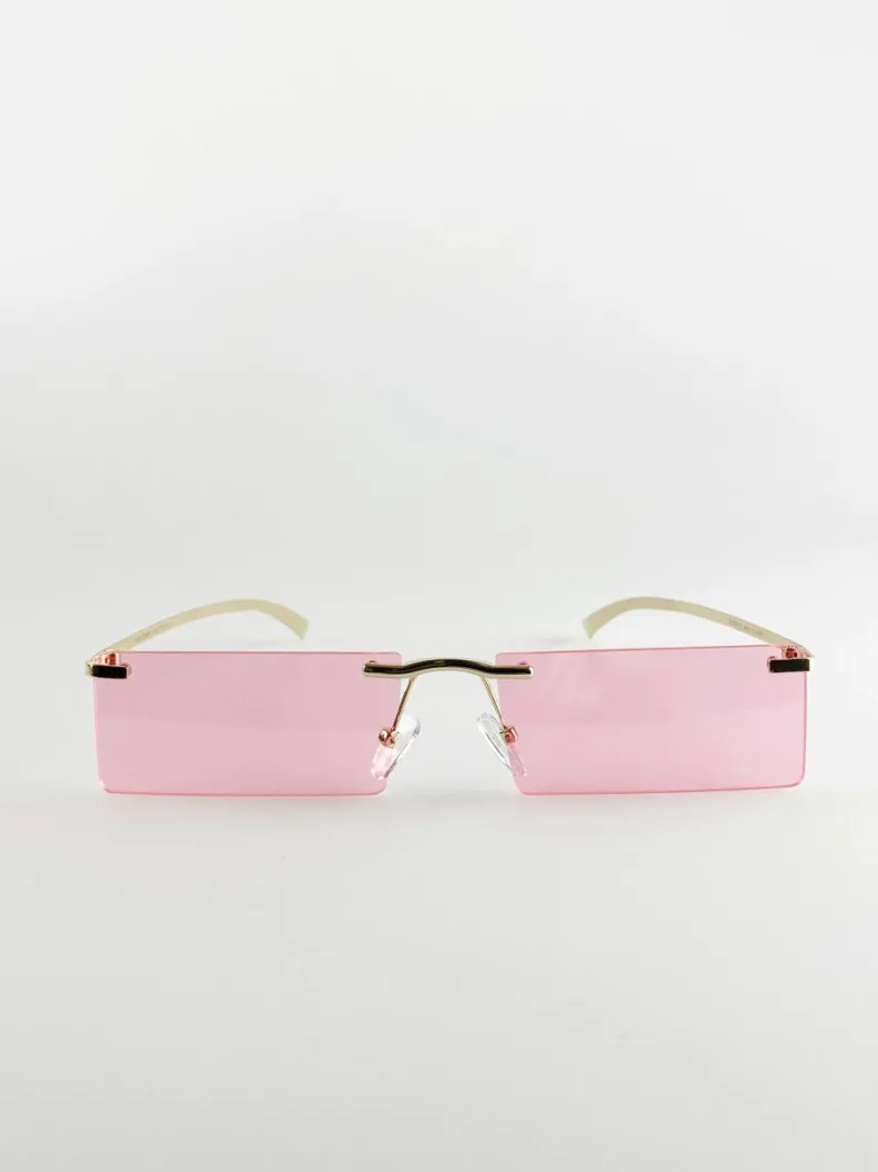 Sunglasses*SVNX Pink Lense Frameless Sunglasses with Metal Arms Baby Pink
