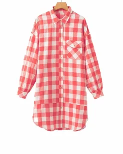 Shirt Dresses*Azura Exchange Oversized Plaid Puff Sleeve Round Hem Shirt Dress Pink