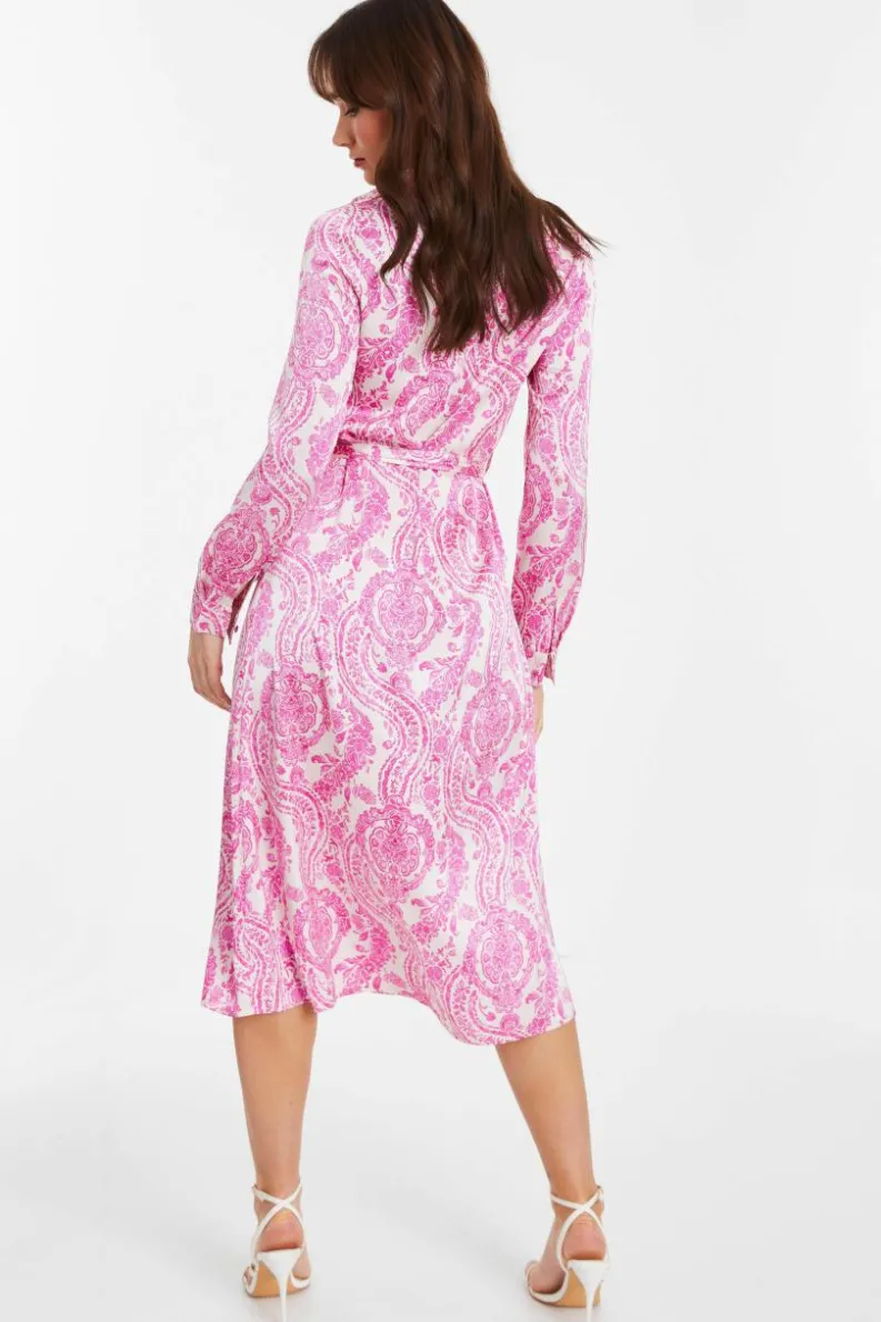 Shirt Dresses|Midi Dresses*Quiz Paisley Satin Shirt Midi Dress Pink