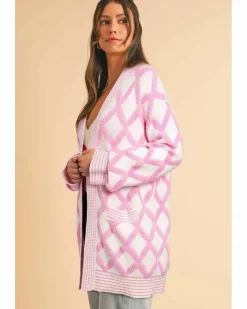 Cardigans*Azura Exchange Rhombus Pattern Knit Open Front Pocketed Cardigans Pink