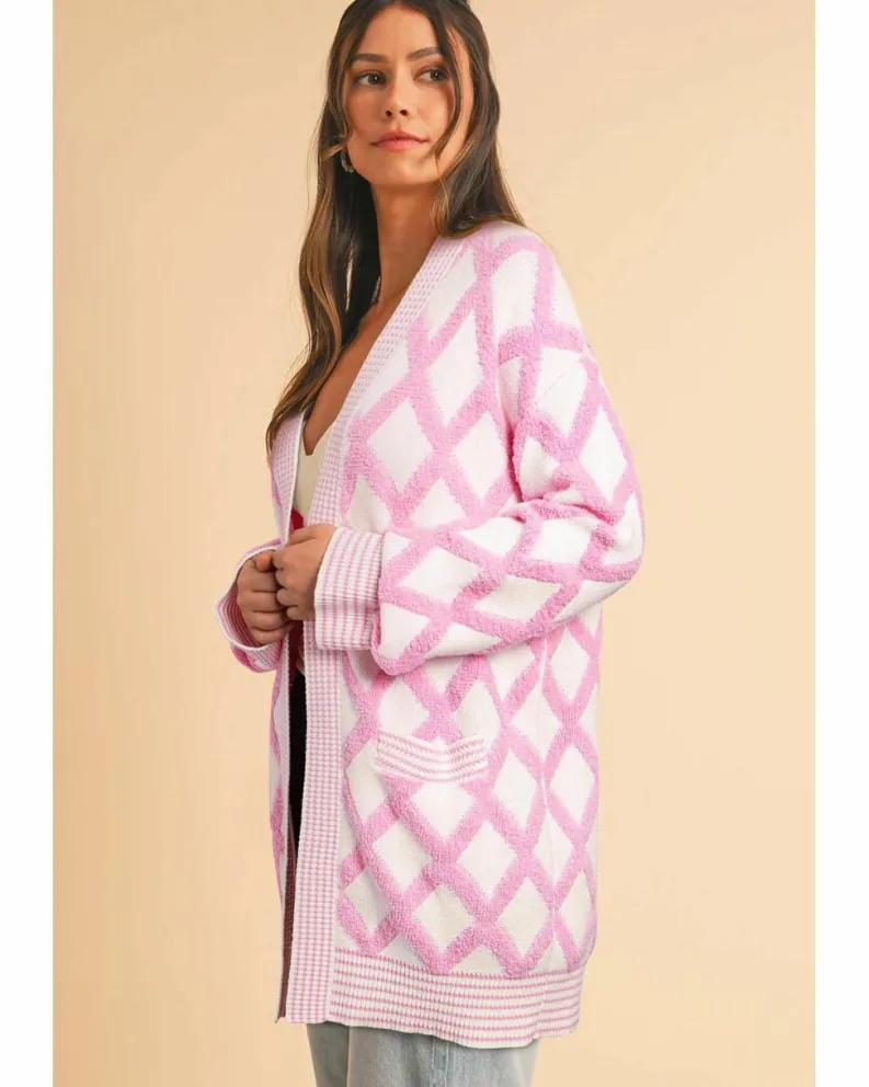 Cardigans*Azura Exchange Rhombus Pattern Knit Open Front Pocketed Cardigans Pink