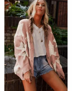 Cardigans*Azura Exchange Sherpa Star Pattern Textured Sweater Cardigan with Pockets Pink