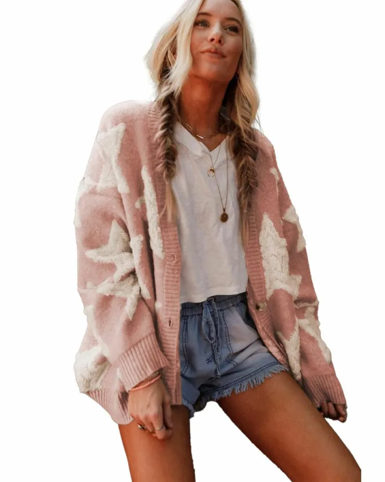 Cardigans*Azura Exchange Sherpa Star Pattern Textured Sweater Cardigan with Pockets Pink