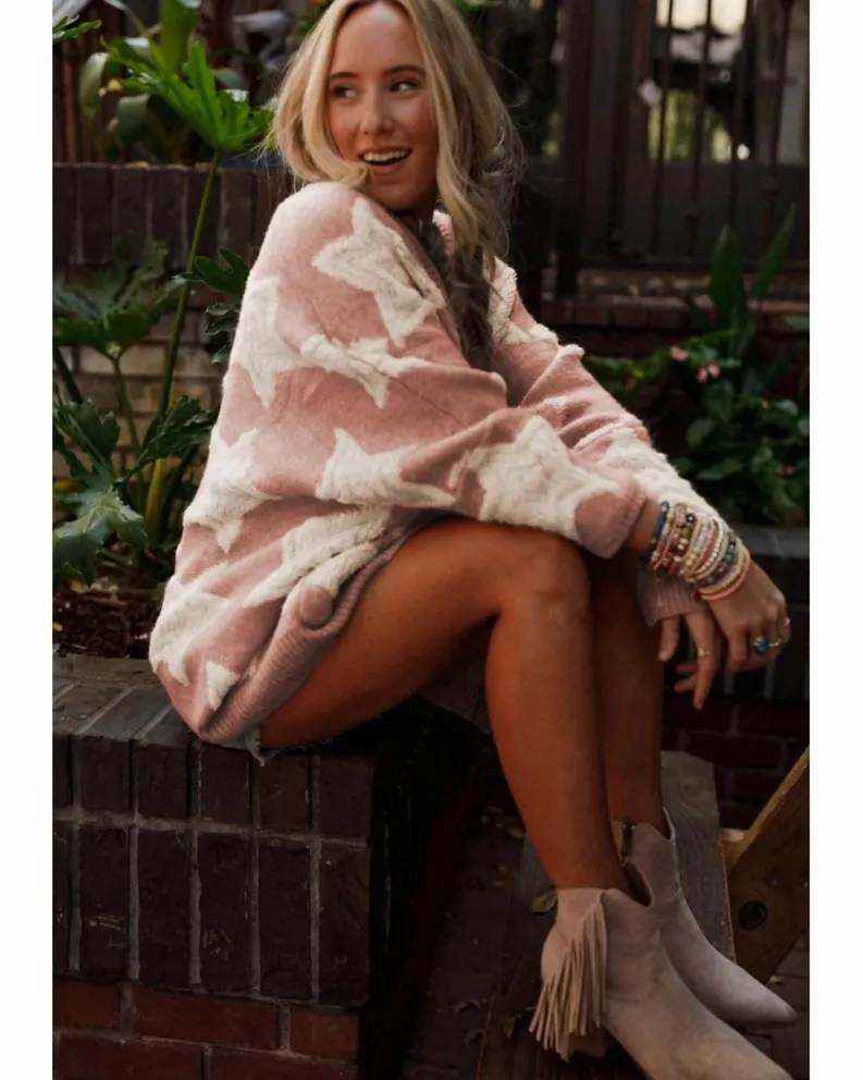 Cardigans*Azura Exchange Sherpa Star Pattern Textured Sweater Cardigan with Pockets Pink