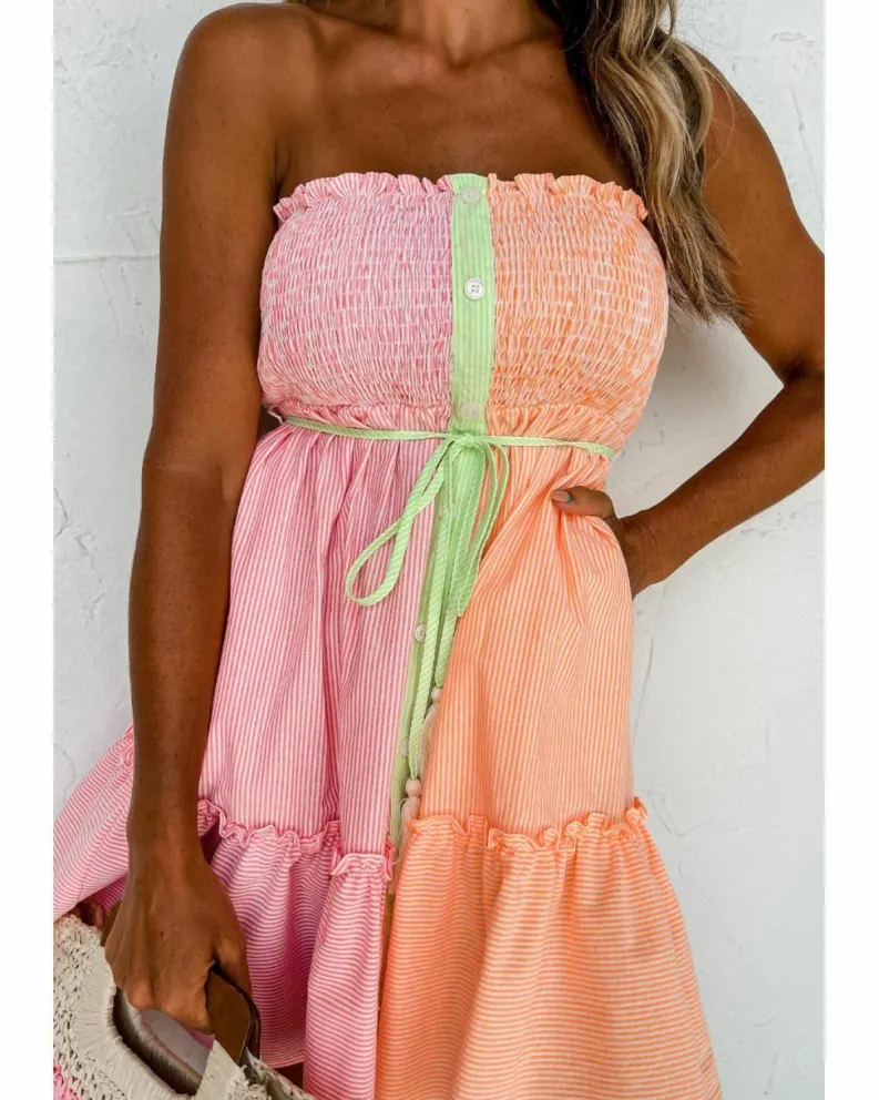 Smock Dresses*Azura Exchange Pink Stripe Color Block Smocked Button Front Frilled Strapless Mini Multi
