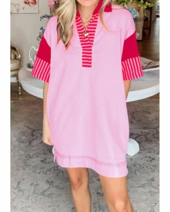Shirt Dresses*Azura Exchange Stripe Colorblock Patchwork Short Sleeve T Shirt Dress Pink