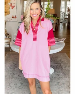 Shirt Dresses*Azura Exchange Stripe Colorblock Patchwork Short Sleeve T Shirt Dress Pink
