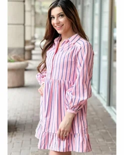 Shirt Dresses*Azura Exchange Pink Stripe Ruffled Hem Button-up Collared Shirt Mini Dress Multi
