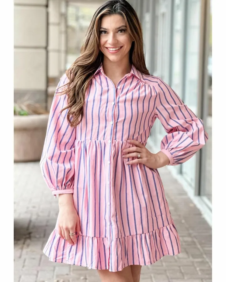 Shirt Dresses*Azura Exchange Pink Stripe Ruffled Hem Button-up Collared Shirt Mini Dress Multi