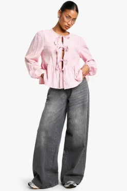 Long Sleeve Tops*boohoo Stripe Tie Front Puff Long Sleeve Smock Top pink