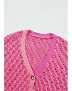 Cardigans*Azura Exchange Striped Buttoned V Neck Drop Shoulder Cardigan Pink