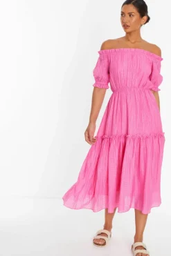 Midi Dresses*Quiz Textured Bardot Midi Dress Pink