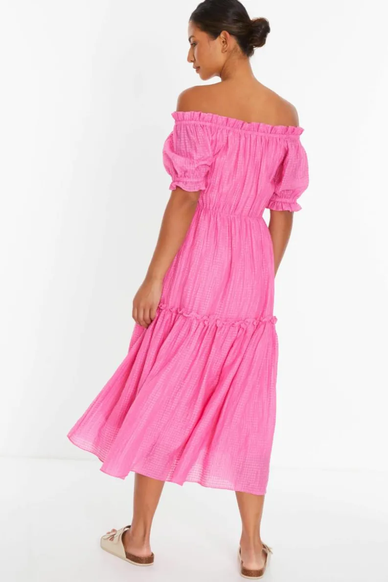 Midi Dresses*Quiz Textured Bardot Midi Dress Pink