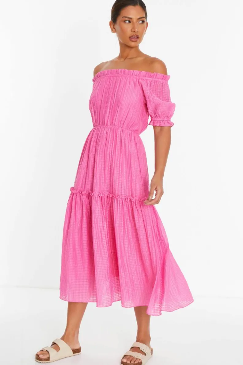 Midi Dresses*Quiz Textured Bardot Midi Dress Pink
