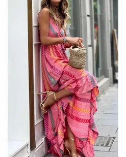 Wrap Dresses*Azura Exchange Western Printed Tassel Tie V Neck Wrap Maxi Dress Pink