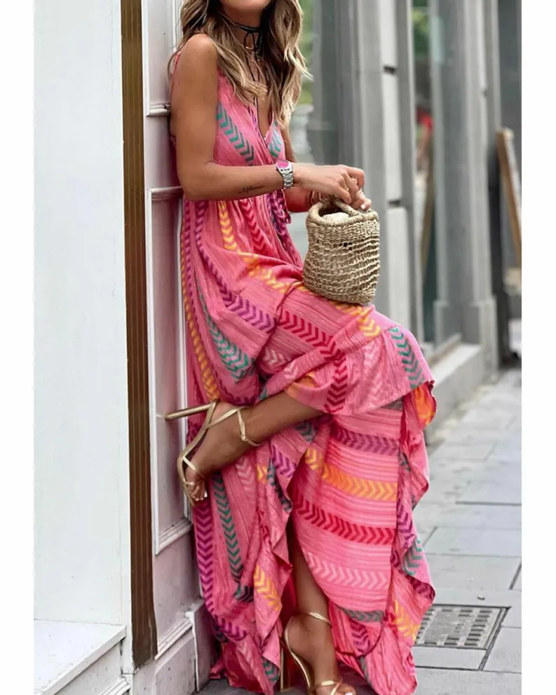 Wrap Dresses*Azura Exchange Western Printed Tassel Tie V Neck Wrap Maxi Dress Pink