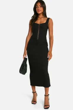 Bodycon Dresses|Maxi Dresses*boohoo Pinstripe Bengaline Hook And Eye Midaxi Dress black