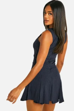 Skater Dresses|Mini Dresses*boohoo Pinstripe Box Pleat Mini Dress navy
