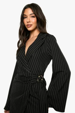 Blazer Dresses|Suits & Tailoring*boohoo Pinstripe Buckle Detail Tie Waist Tailored Blazer Dress black