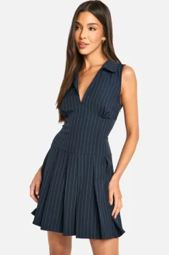 Skater Dresses*boohoo Pinstripe Pleated Mini Dress navy