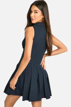 Skater Dresses*boohoo Pinstripe Pleated Mini Dress navy