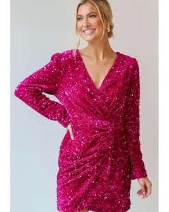 Wrap Dresses*Azura Exchange Pitaya Pink Velvet Sequin Long Sleeve V Neck Wrapped Mini Dress Multi