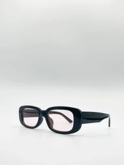 Sunglasses*SVNX Plastic Frame Retro Rectangle Sunglasses with Clear Lenses Black