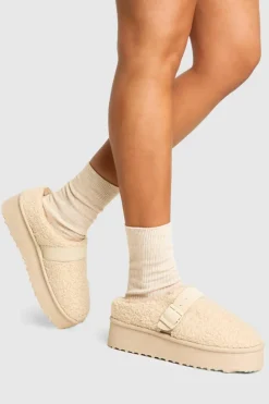 Cosy Boots*boohoo Platform Borg Buckle Detail Cosy Mules ecru