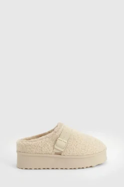 Cosy Boots*boohoo Platform Borg Buckle Detail Cosy Mules ecru