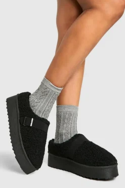 Cosy Boots*boohoo Platform Borg Buckle Detail Cosy Mules black