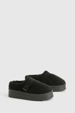 Cosy Boots*boohoo Platform Borg Buckle Detail Cosy Mules black