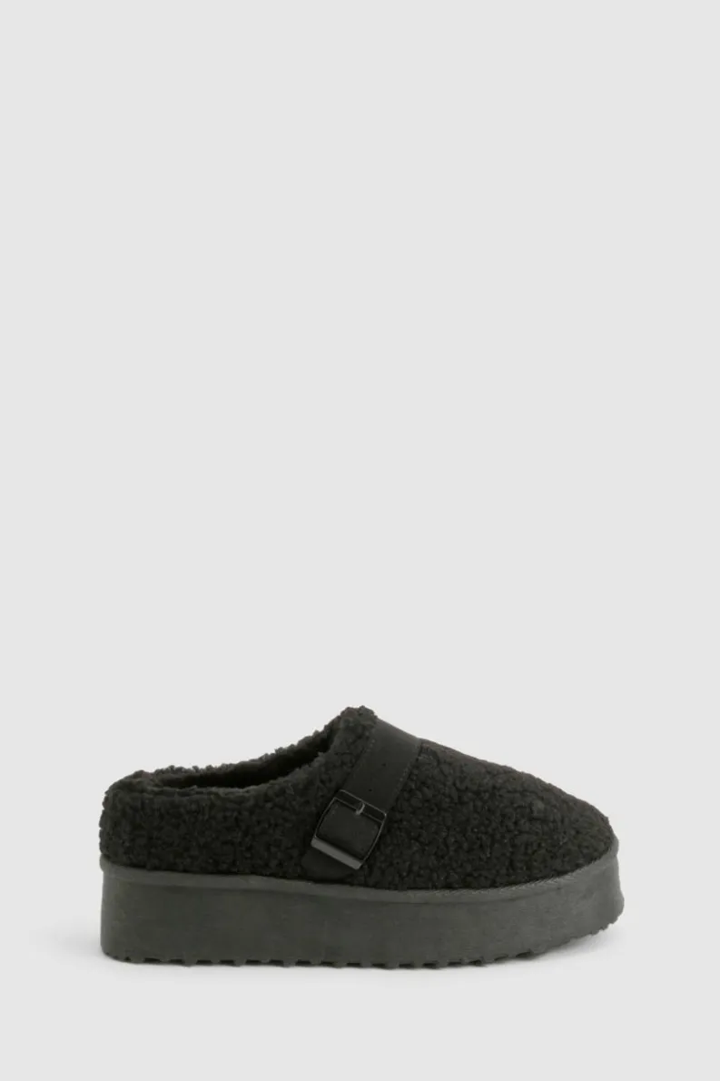 Cosy Boots*boohoo Platform Borg Buckle Detail Cosy Mules black