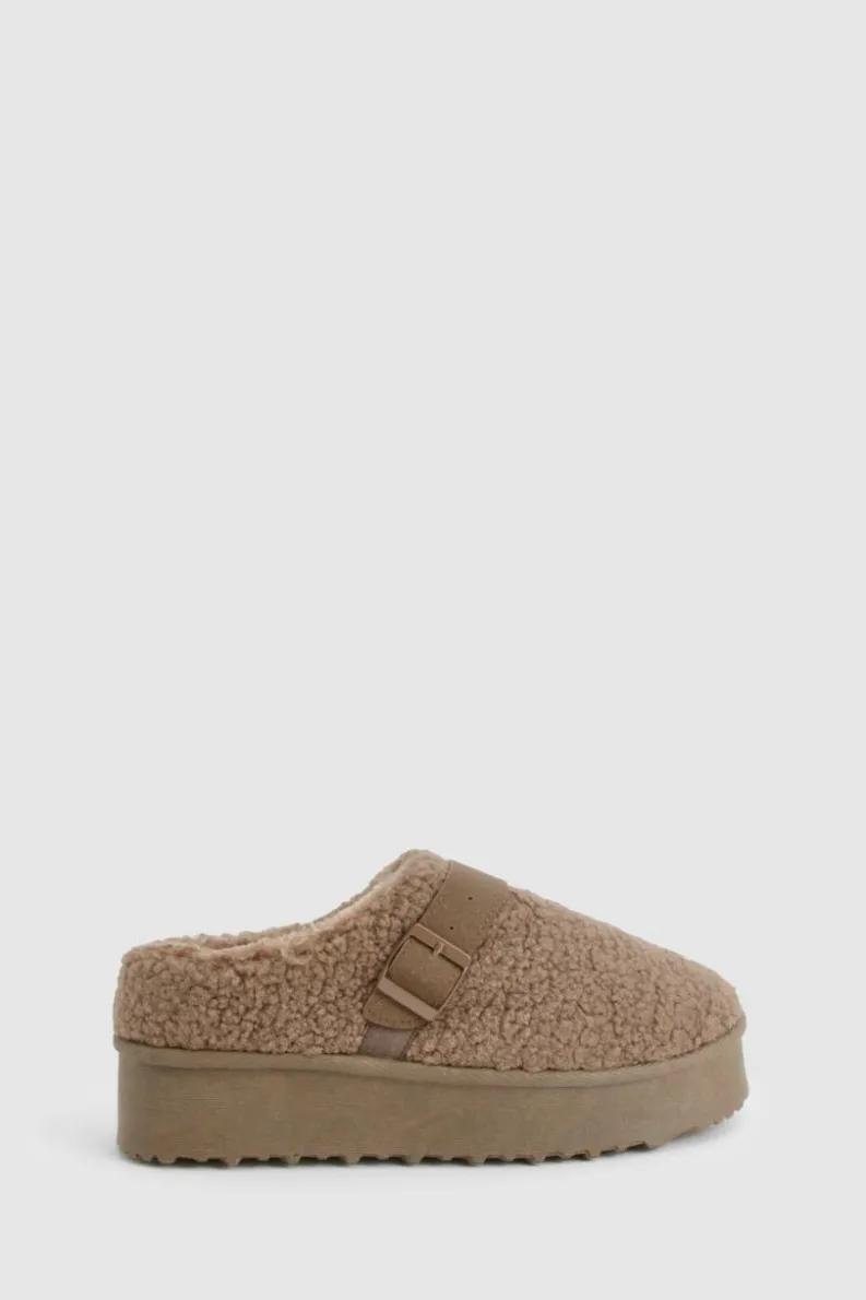 Cosy Boots|All Boots*boohoo Platform Borg Buckle Detail Cosy Mules taupe