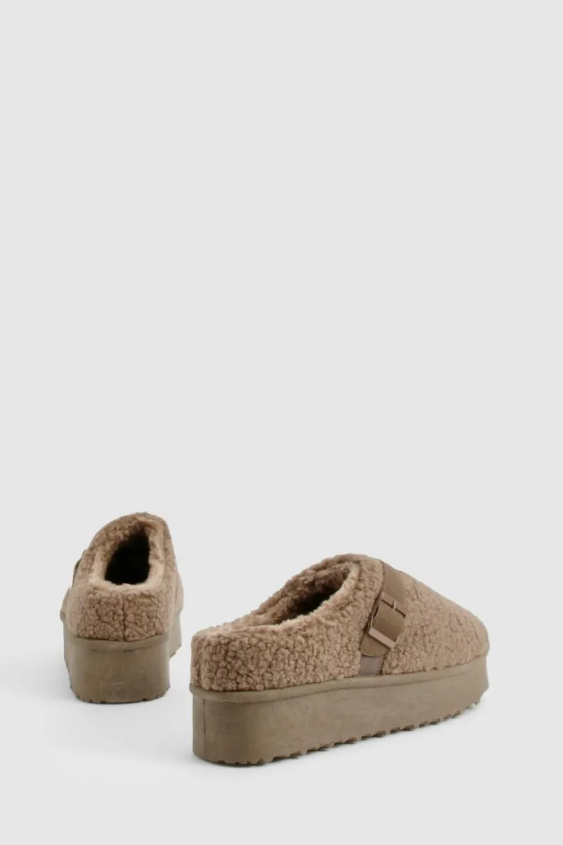 Cosy Boots|All Boots*boohoo Platform Borg Buckle Detail Cosy Mules taupe