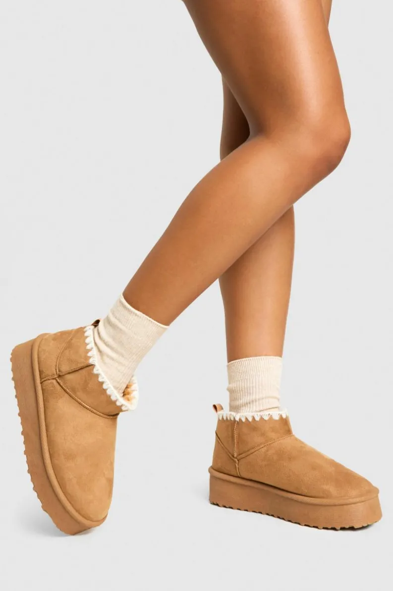 Cosy Boots|All Boots*boohoo Platform Contrast Stitch Faux Fur Lined Boots chestnut