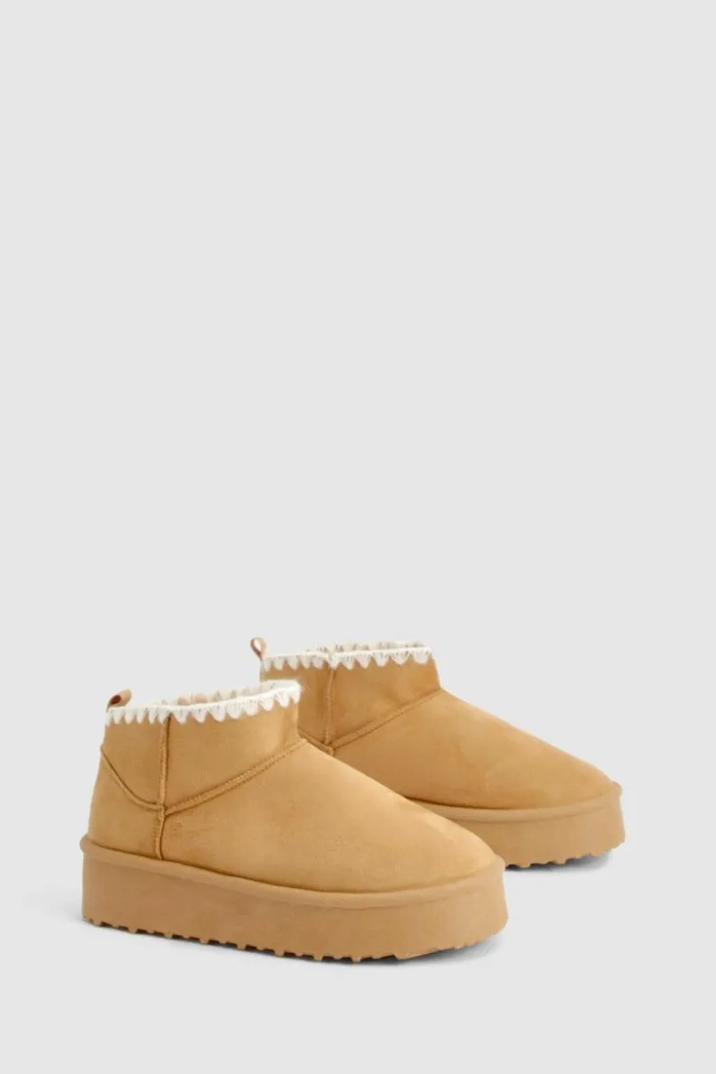 Cosy Boots|All Boots*boohoo Platform Contrast Stitch Faux Fur Lined Boots chestnut