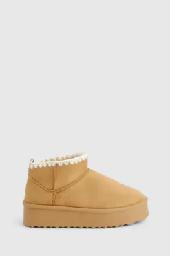 Cosy Boots|All Boots*boohoo Platform Contrast Stitch Faux Fur Lined Boots chestnut