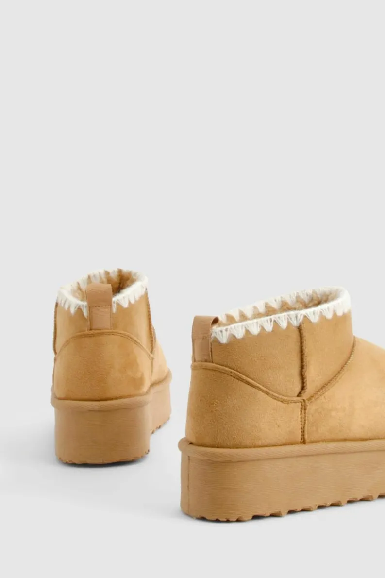 Cosy Boots|All Boots*boohoo Platform Contrast Stitch Faux Fur Lined Boots chestnut