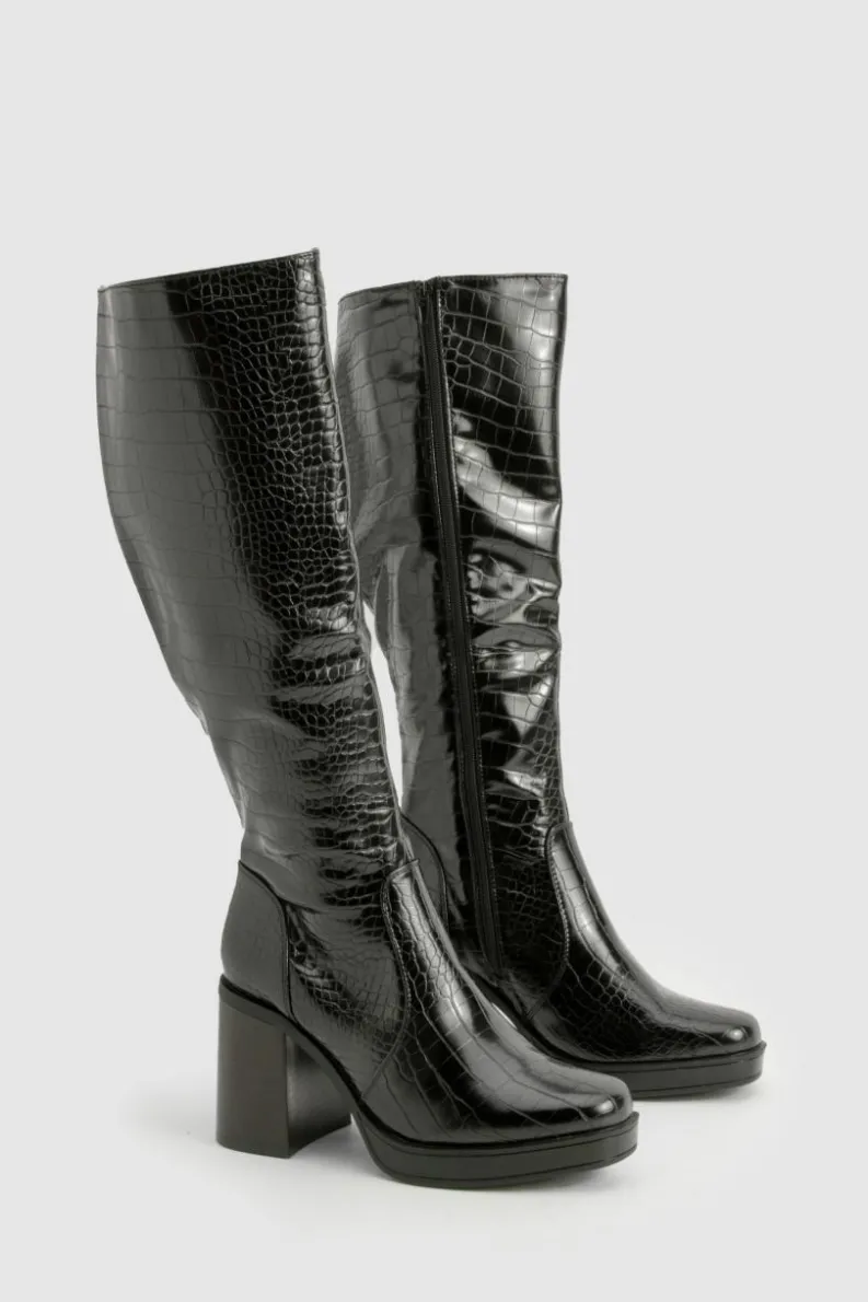 Heels|Over The Knee Boots*boohoo Platform Croc Block Heel Knee High Boots black