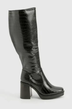 Heels|Over The Knee Boots*boohoo Platform Croc Block Heel Knee High Boots black