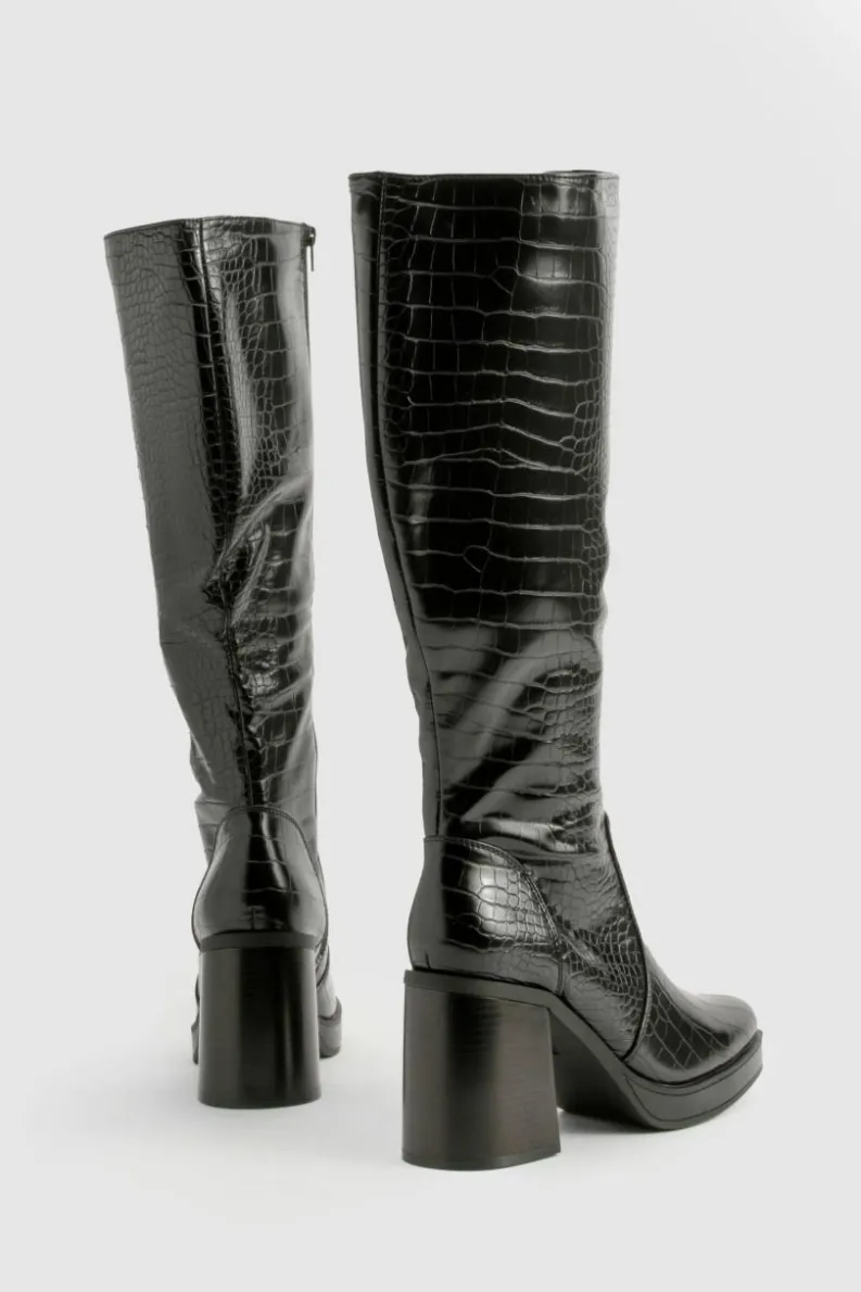 Heels|Over The Knee Boots*boohoo Platform Croc Block Heel Knee High Boots black