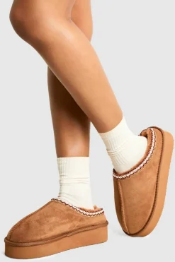 Cosy Boots|All Boots*boohoo Platform Embroidered Slip On Cosy Mules chestnut