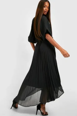 Midi Dresses*boohoo Pleated Puff Sleeve Midi Dress black