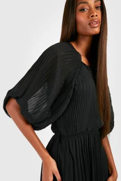 Midi Dresses*boohoo Pleated Puff Sleeve Midi Dress black