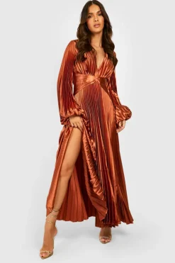 Skater Dresses|Maxi Dresses*boohoo Pleated Satin Oversized Sleeve Midaxi Dress rust