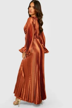 Skater Dresses|Maxi Dresses*boohoo Pleated Satin Oversized Sleeve Midaxi Dress rust
