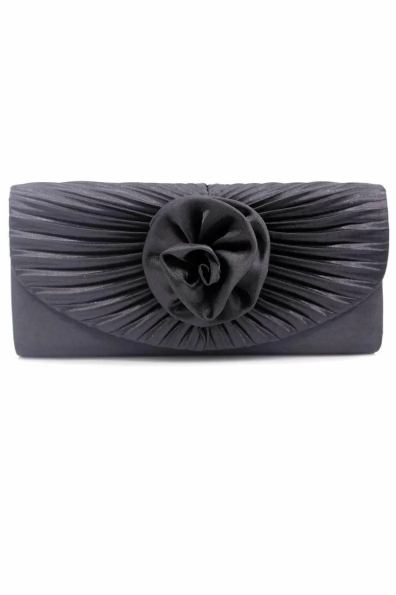 Clutch Bags|Handbags*Kitise Pleated Satin Rose Detail Evening Clutch Handbag Black
